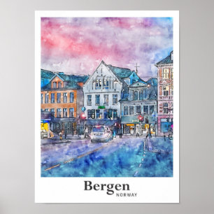 Bergen Norwegen Reisen Wasserfarbe Sketch Hand Dra Poster