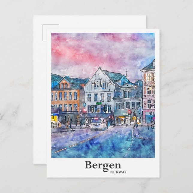 Bergen Norwegen Reisen Wasserfarbe Sketch Hand Dra Postkarte (Vorne/Hinten)