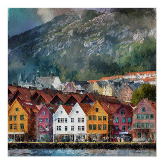 Bergen Norwegen Schöne Farbige Häuser Vintage  Poster