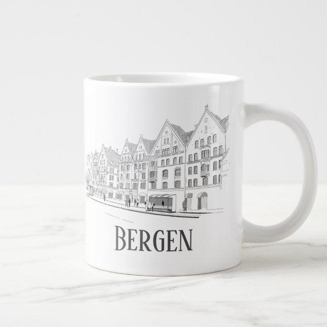 Bergen Norwegen Streetscape Beautiful Line Zeichne Jumbo-Tasse (Rechts)