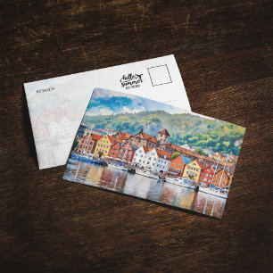 Bergen Norwegen Watercolor Postcard Einladung