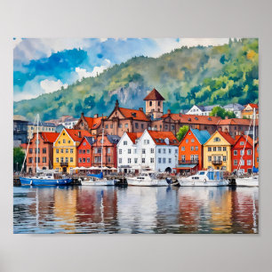 Bergen Norwegen Watercolor Poster
