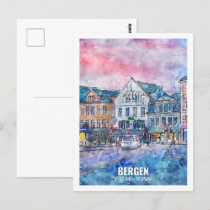 Bergen Vestland Norwegen Reiseort Wasserfarbe Postkarte
