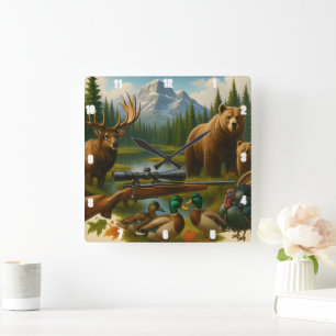 Bergflora Majestic Elk Hunter's Trophäe Quadratische Wanduhr