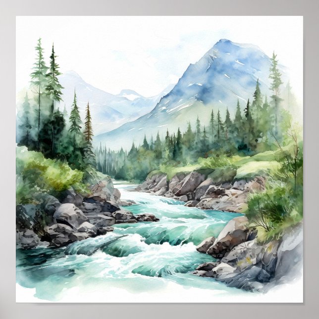 Bergfluss Alaska Aquarellmalerei Poster (Vorne)