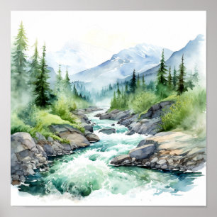 Bergfluss Alaska Aquarellmalerei Poster