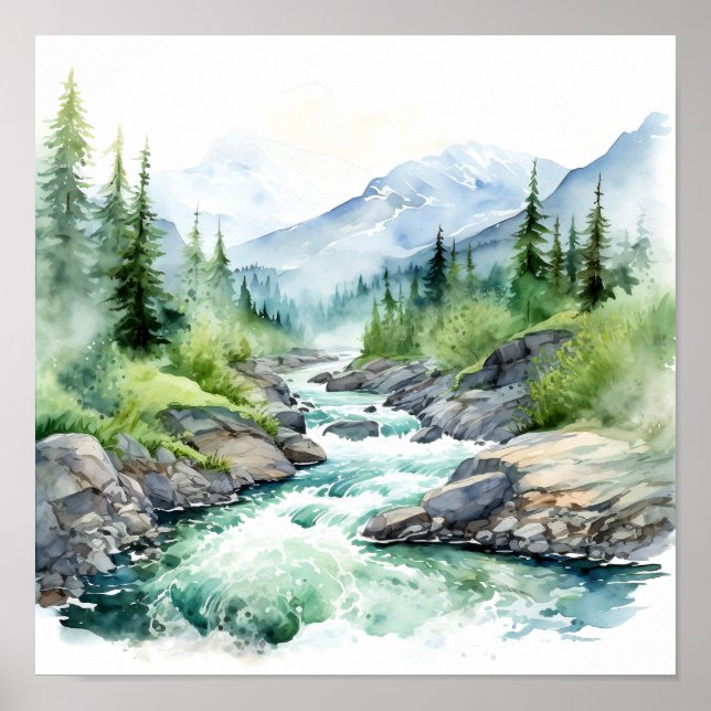 Bergfluss Alaska Aquarellmalerei Poster (Vorne)