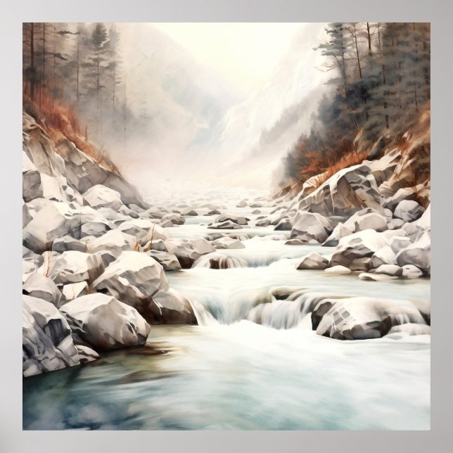 Bergfluss Alaska Aquarellmalerei Poster (Vorne)