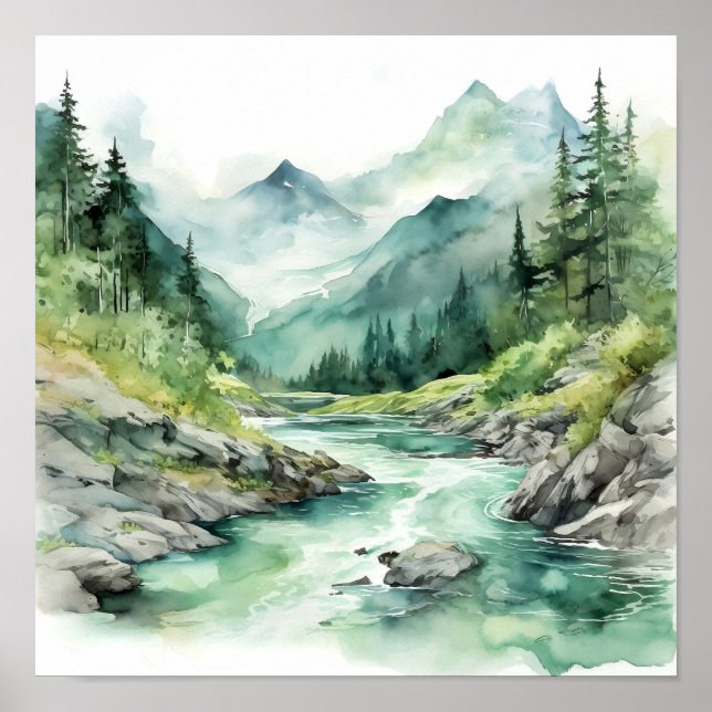 Bergfluss Alaska Aquarellmalerei Poster (Vorne)
