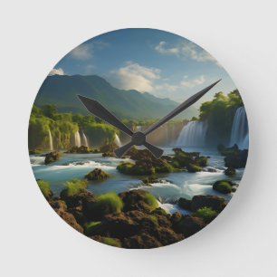 Bergfluss im Wald Runde Wanduhr