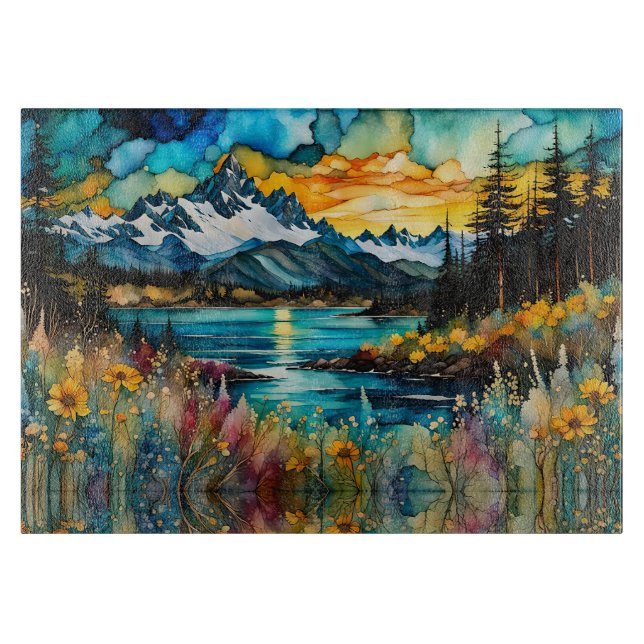 Bergfluss und Wildblumen Landschaft Schneidebrett (Vorderseite)