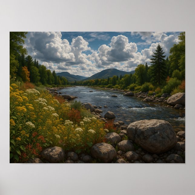 Bergfluss Wildblumen Landschaft  Poster (Vorne)