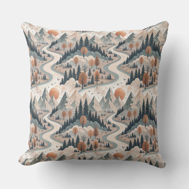Bergflusslandschaft Boho abstraktes Muster Kunst Kissen (Vorderseite)