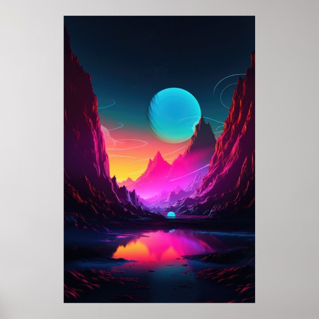 Bergglühen: Synthwave Berggipfel in der Stille Poster (Vorne)