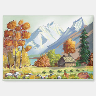 Berghütte in Herbstfarben. Gemälde. Magnet