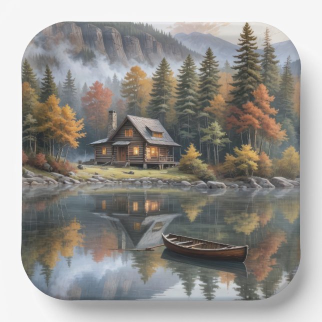 Berghütte mit Rowboat auf einem See Pappteller (Vorderseite)