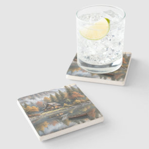 Berghütte mit Rowboat auf einem See Steinuntersetzer