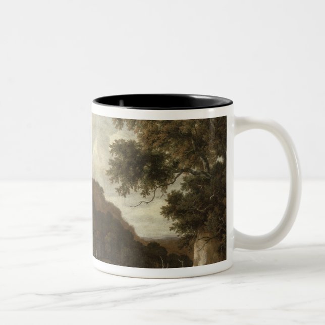 Bergige bewaldete Landschaft mit einem Strom Zweifarbige Tasse (Rechts)