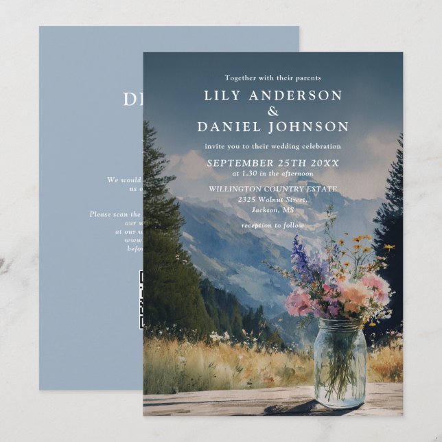 Bergige Blumen-Mason-Jar-QR-Code-Hochzeit Einladung (Vorne/Hinten)
