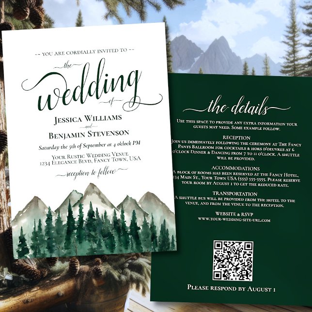 Bergkalligraphie & QR Code Hochzeit Einladung (Front/Back)