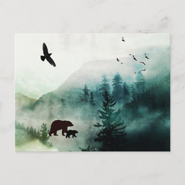 Berglandschaft Bären Vögel Wald Postkarte (Vorderseite)