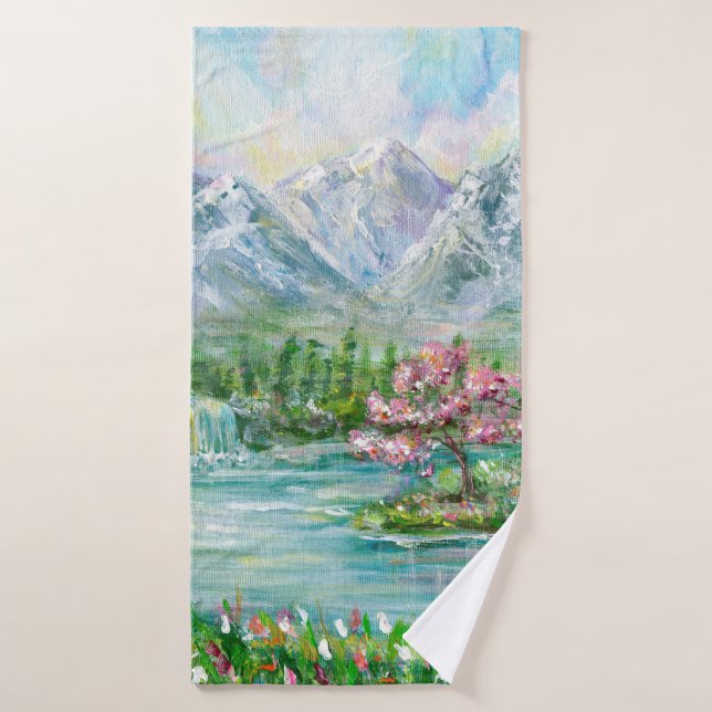Berglandschaft im Frühling. Original Acrylhand p Badehandtuch (Badehandtuch)