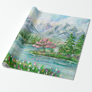 Berglandschaft im Frühling. Original Acrylhand p Geschenkpapier
