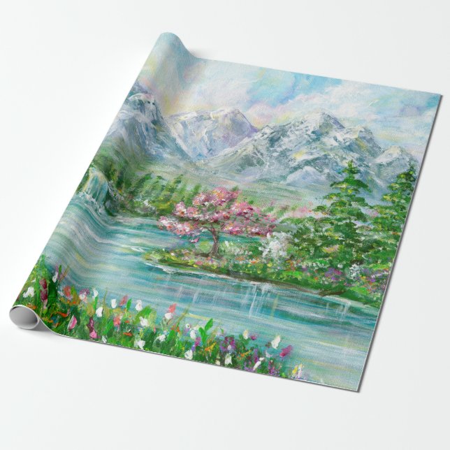 Berglandschaft im Frühling. Original Acrylhand p Geschenkpapier (Ungerollt)