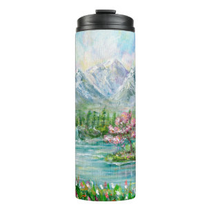 Berglandschaft im Frühling. Original Acrylhand p Thermosbecher