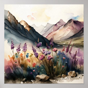 Berglandschaft mit Wildblumen Wasserfarbe Poster