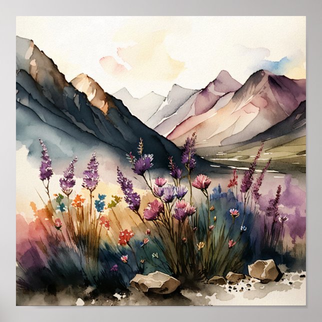 Berglandschaft mit Wildblumen Wasserfarbe Poster (Vorne)