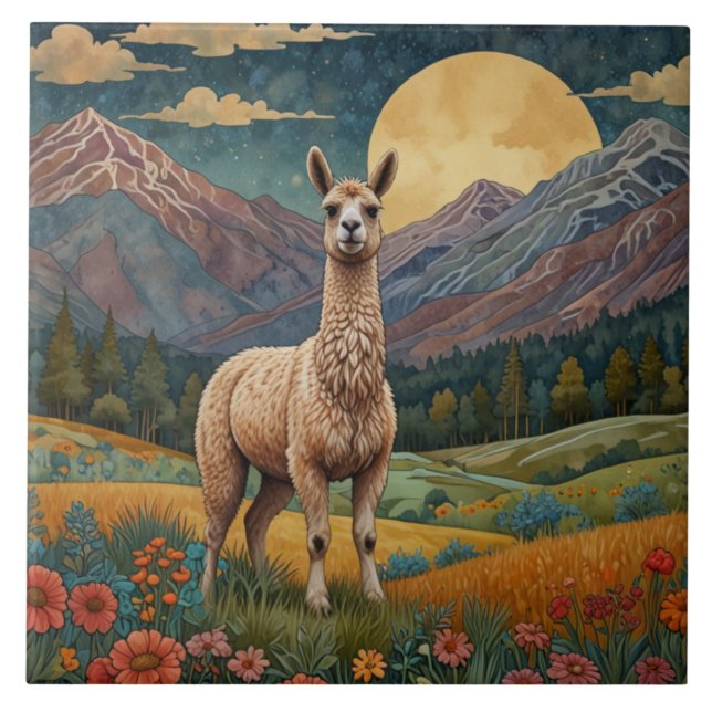 Berglandschaft Retro boho llama Fliese (Vorderseite)