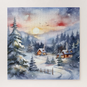 Berglandschaft und Dorf in einer schneebedeckten S Puzzle