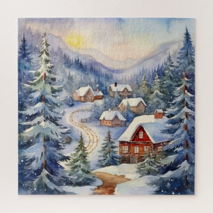 Berglandschaft und Dorf in einer schneebedeckten S Puzzle