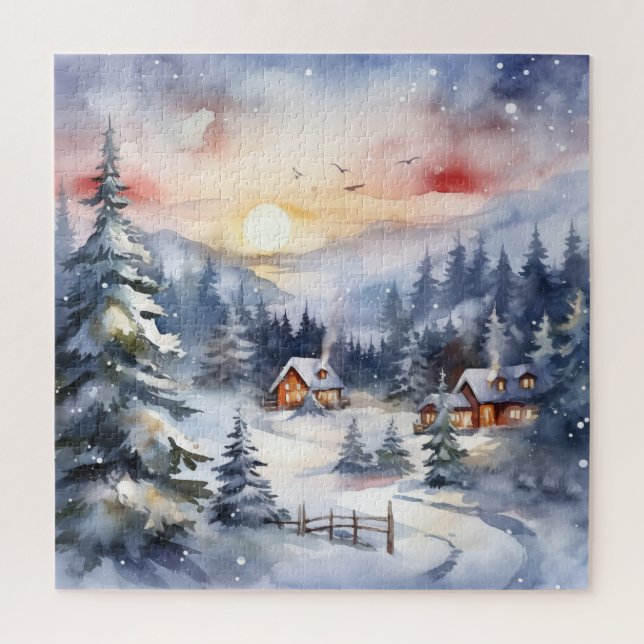 Berglandschaft und Dorf in Snowy Scene Puzzle (Vertikal)