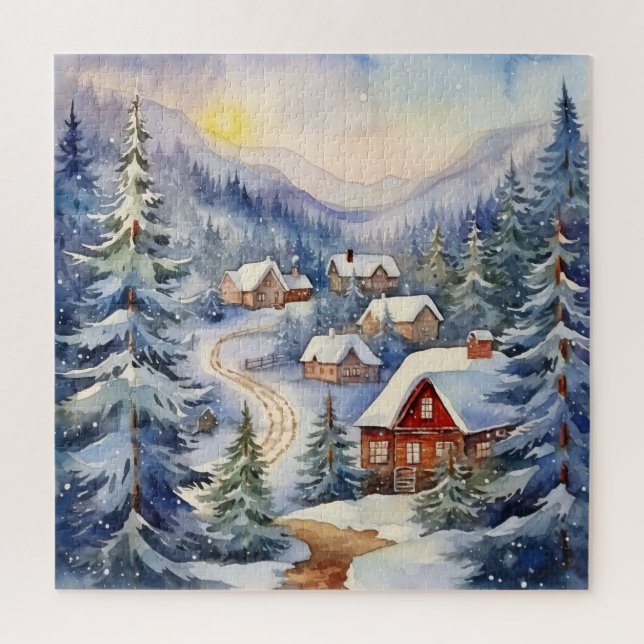 Berglandschaft und Dorf in Snowy Scene Puzzle (Vertikal)