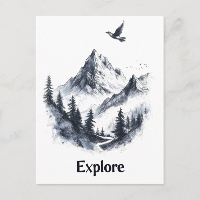 Berglandschaft Zeichnend mit Flying Bird Postkarte (Vorderseite)