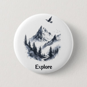 Berglandschaftszeichnung mit fliegendem Vogel Button
