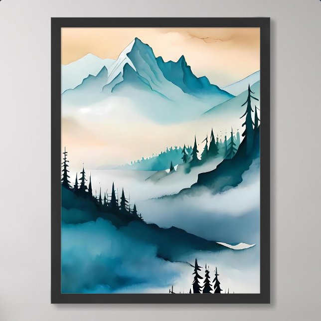 Bergmalerei Blauhügelnebel Poster (mountain painting blue hill fog cloud pine tree)