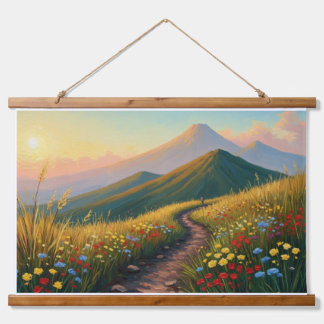Bergpfad in einer Wildblumenwiese - Golden Hou Wandteppich Mit Holzrahmen