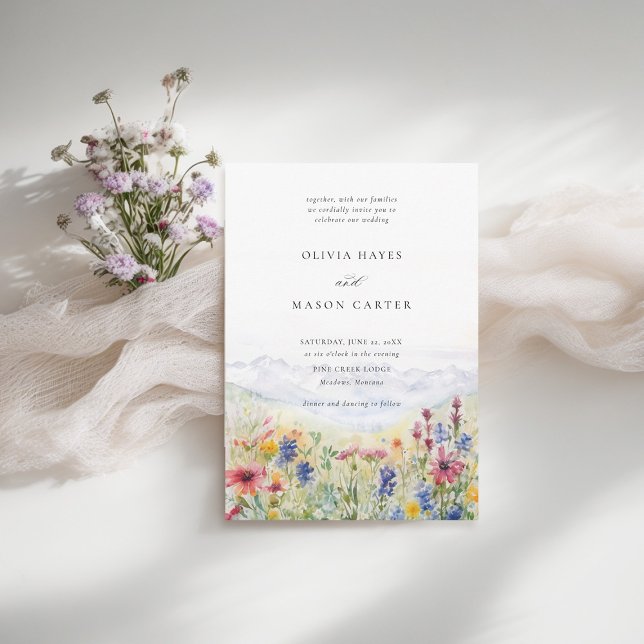 Bergregion Rustikale Wiesen Wildblumen Hochzeit Einladung (mountains wedding invitation rustic outdoors wildflowers meadow scene watercolor spring summer)