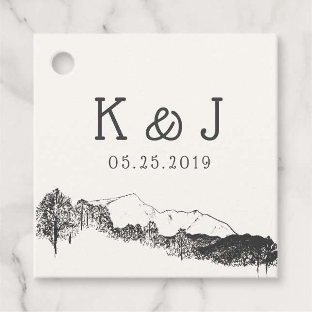 Bergretreat rustikale Hochzeitmonogramm Geschenkanhänger (Vorderseite)