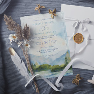 Bergsee-Aquarell-Kiefer-QR-Code-Hochzeit Einladung