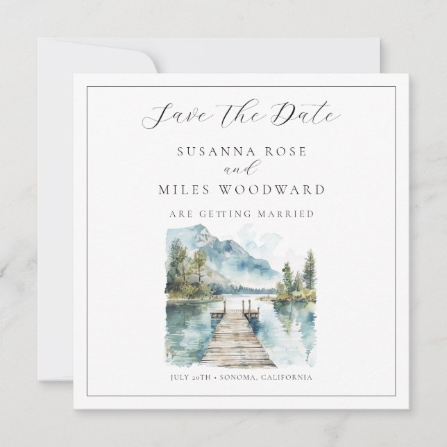 Bergsee Aquarell Wald Bäume Termin vormerken Einladung (Vorderseite)