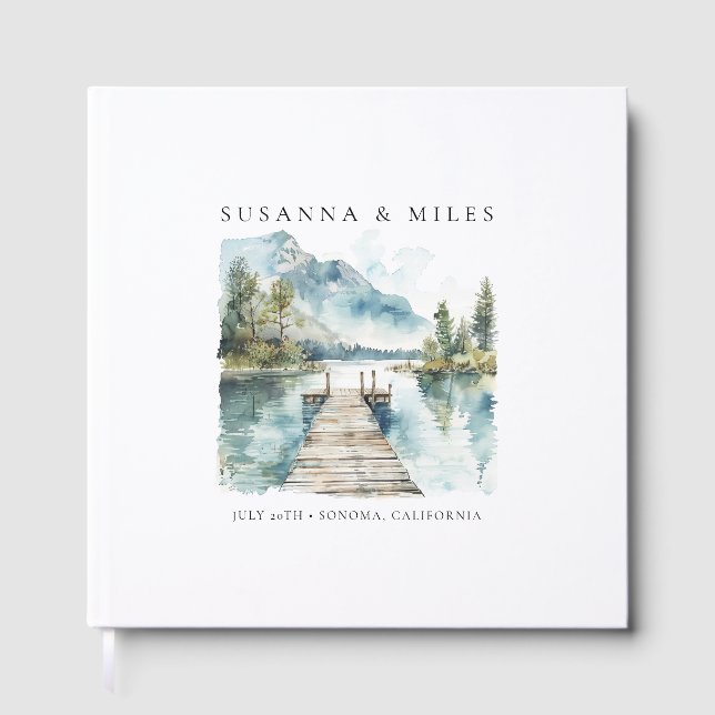 Bergsee-Aquarell-Wald-Hochzeitsbäume Gästebuch (Vorderseite)