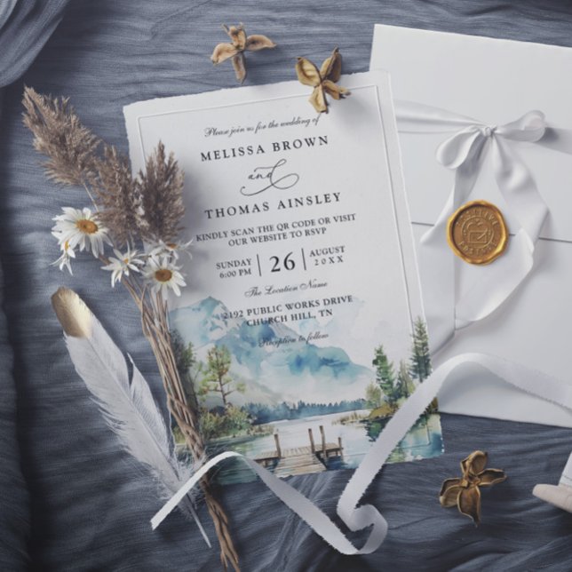 Bergsee-Aquarell-Wald-QR-Code-Hochzeit Einladung (Von Creator hochgeladen)