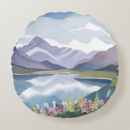 Bergsee | Florale Aquarell-Landschaft Rundes Kissen