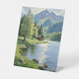 Bergsee-Hütten-Landschaft Ölmalerei | Natur Sockelschild