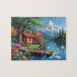 Bergsee-Hütten-Schwäne-Steganlage-Naturblick Puzzle