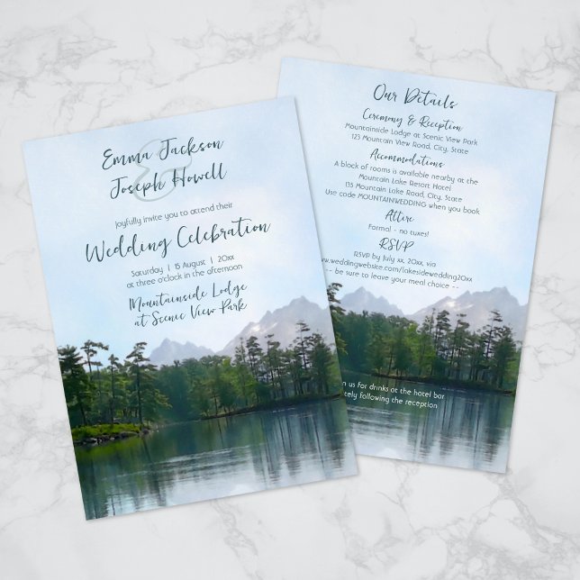 Bergsee in einer Hochzeit Einladung (front & back - combination invitation plus details card - easily add a QR code with Z design tool)
